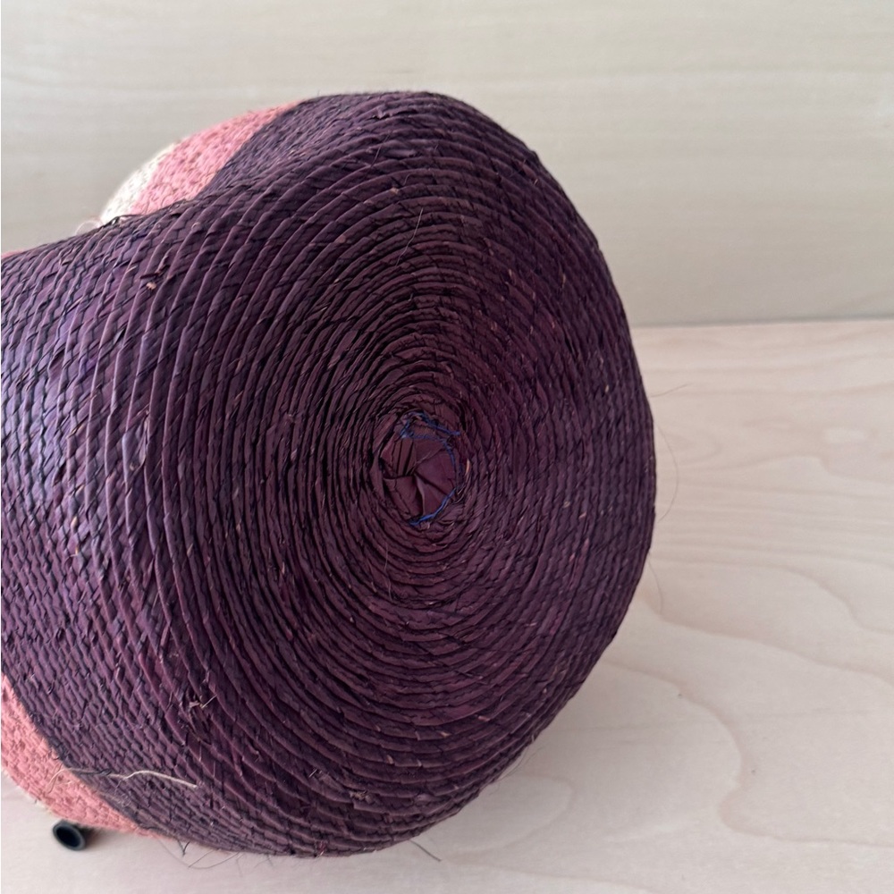 Handmade Mexican Straw Tote – Burgundy, Red & Pink Stripes – Ring Handle Bag - Picture 3 of 3